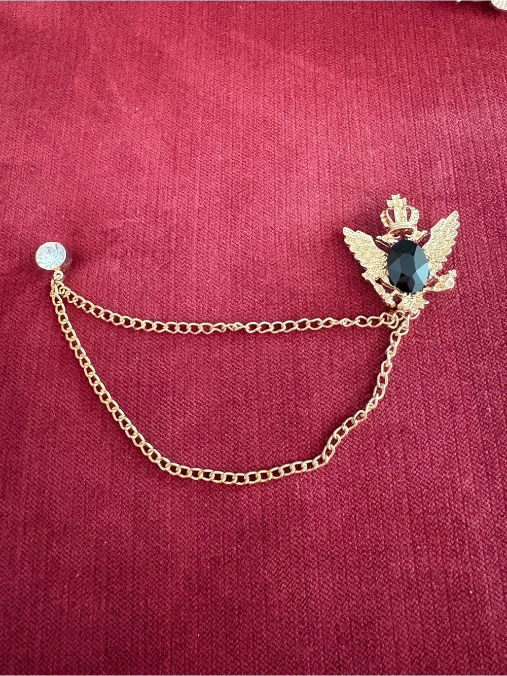 Never Used Men's Crown Eagle Lapel Pin Brooch Gold Tone Chain Rhinestone Collar
